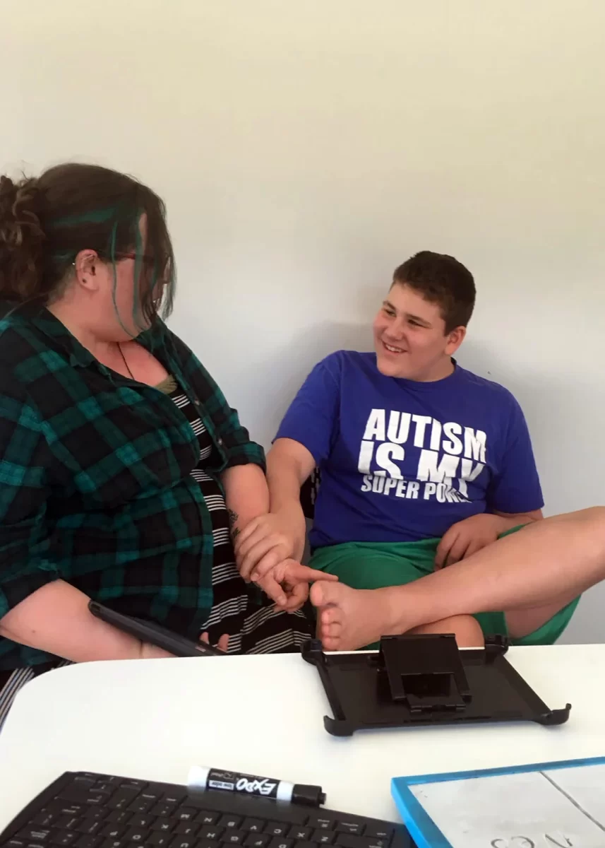 Angie consulting about proprioceptive pressure with John Paul Ingram in Decatur, GA