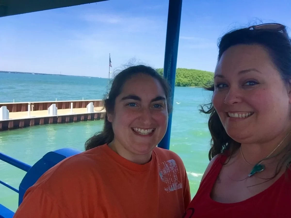 Angie and ViK on a water taxi to Put-In-Bay, Ohio in Lake Erie for a weeklong Communication workshop